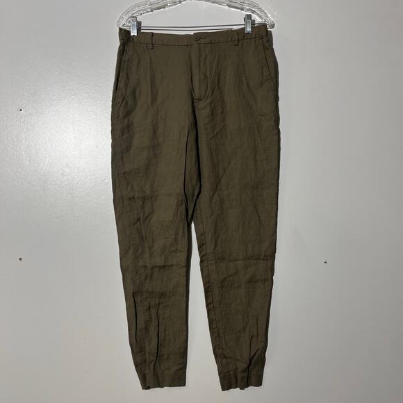 Zara 100% Linen Olive Green Chino Pants Taper Ankle Relaxed Fit Mens Size Large - Picture 1 of 7